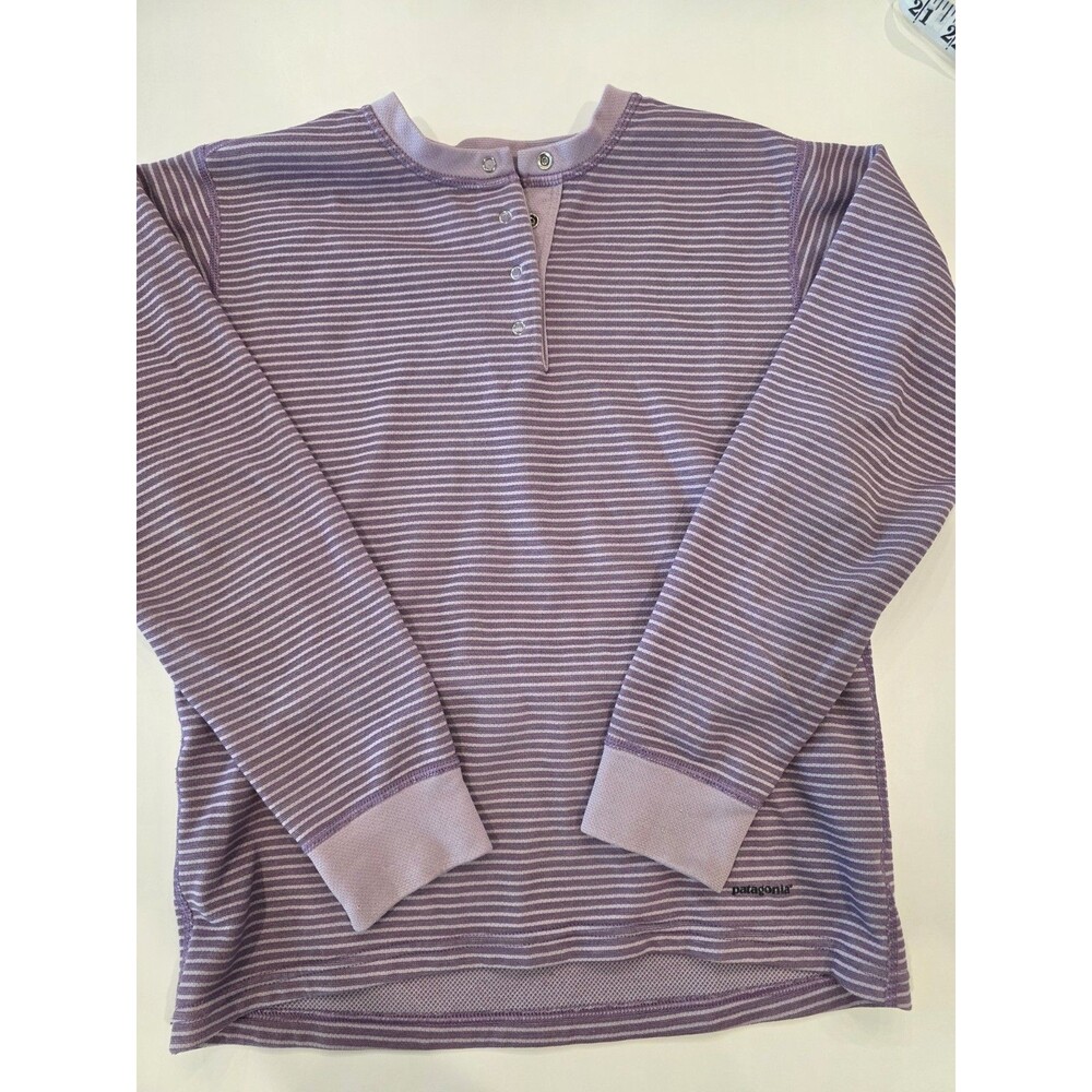 Patagonia Long Sleeve Henley Shirt Girls Size M 10 Capilene Striped Snaps Pink